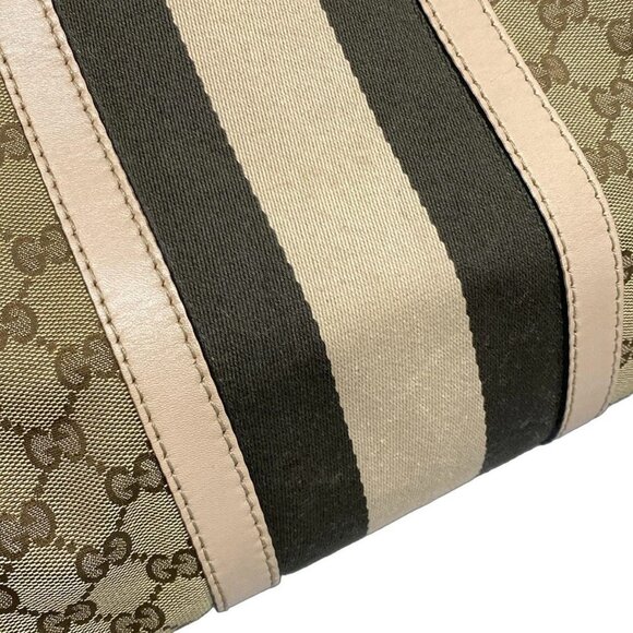Auth GUCCI GG 247205 Dark Brown Beige Jacquard Leather Handbag - Picture 13 of 16